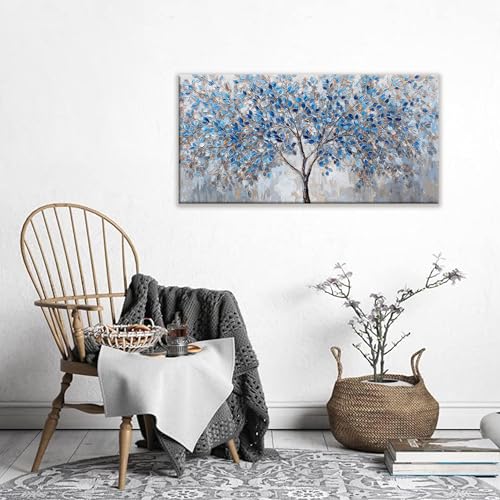 Blue White Tree Leaves Wall Art Decor Canvas Prints Ready To Hang Room Wall Decor Wall Pictures For Living Room Office Kitchen Bathroom Bedroom 20x40 Inch - color: White Blue, size: 40"L x 20"W