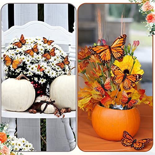 24 Pcs Monarch Butterfly Decorations 4 Size Artificial Monarch Feather Fake Butterfly Picks Crafts with Wire for Wall Flower Pot Spring Floral Party Home Decor(Orange) - color: Orange
