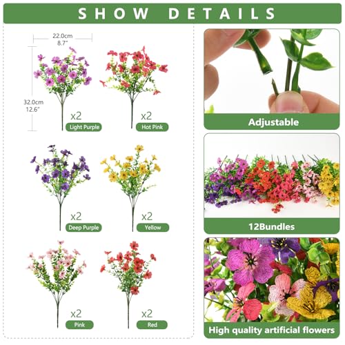 INQCMY Artificial Flowers for Outdoors Faux Plants Fake Flowers Spring Summer Decoration,12 Bundles Faux Silk Colorful Daisy Realistic UV Resistant for Outside Home Planter Window Porch Patio Yard - color: Mixed Color(2 Deep Purple,2 Light Purple,2 Red,2
