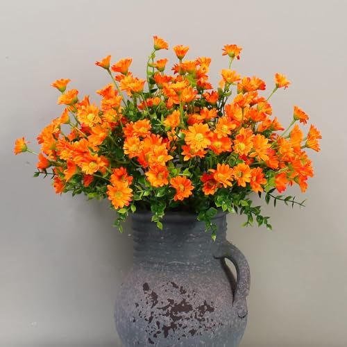 alyptus 8 Bundles Artificial Flowers for Outdoors Faux Mums UV Resistant Plastic Fall Plants Fake Greenery Orange Daisy Bulk for Home Gardenr Window Box Pathway Plante Wedding Decor (Orange) - color: Light Orange