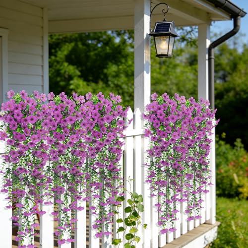 4 Pcs Artificial Hanging Flowers for Outdoor, Fake Silk Daisy Flowers Spring Summer Decoration UV Resistant Faux Plants for Planter Front Door Porch Patio Balcony Yard Decor, Purlple - color: Purlple