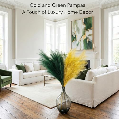 3 x Emerald Green Pampas Grass Stems, Large Feathers Decor Tall for Boho Accent Living Room Bedroom Hallway, Forest Emerald Green House Decor, Plumas para Decoraciones - color: Green