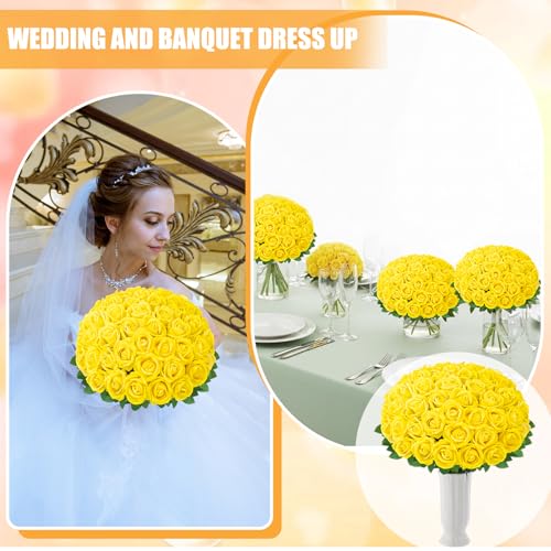90 Pcs Yellow Velvet Rose Artificial Flowers with Long Stems, Fake Silk Roses Real Touch Fake Roses Florals for Birthday Wedding Bouquet Party Arrangement Decorations - color: Yellow
