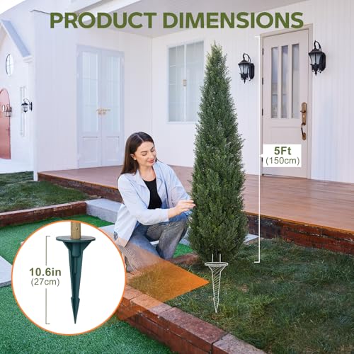 VeriNatural 60'' Artificial Cedar Topiary Trees with Ground Spike, Set of 2 - Realistic Faux Cypress Plants, UV Resistant Fake Pine Shrubs for Indoor Outdoor Porch Garden Decor - size: 60in