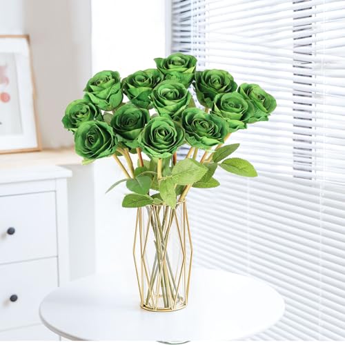 Hananona Artificial Roses Flowers for St. Patrick's Day，12 Pcs Silk Green Rose Bouquet for Spring Home Decoration, Green Faux Roses for Wedding - color: Green