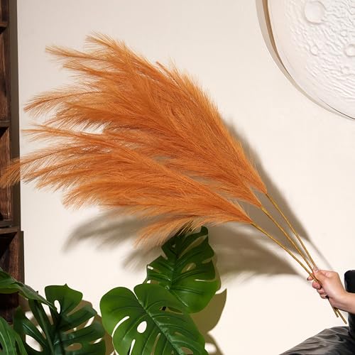 Premium Faux Golden Apricot Pampas Grass – 43.3" Tall Fluffy Warm Decor, 8pcs 18-Branch One-Piece Stems No Assembly, Luxury Silk-Feel Feather Flowers for Boho Modern Decor , Honey Apricot 8 Stems110cm - color: Artificial - Almond, size: 8pcs 43.3"(110cm)