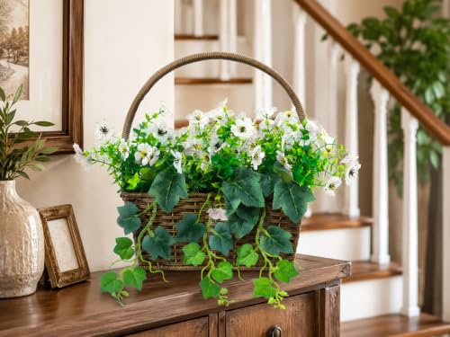 14" H Artificial Plumeria Grape Leaf Flower Basket,50 Silk Floral Arrangements Artificial for Living Room,Office,Wedding & Porch Decor（White）