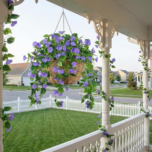 GTIDEA Artificial Vines 15Feet Silk Flower Garland Purple Morning Glory Vine Artificial Flowers Hanging Plants Garland Fake Green Plant 4Pcs for Outdoors Wall Fence Indoor Wedding Banquet Decor - color: Purple-4pcs