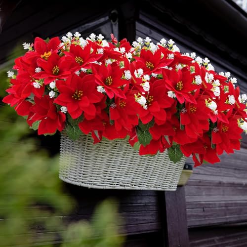 14'' Artificial Poinsettias Flowers for Outdoor,12 Bunches Mixed Fake Red Flowers Faux Eucalyptus Plants UV-Resistant for Home Garden Porch Christmas Winter Spring Outdoor Indoor Decor