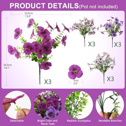 INQCMY Artificial Fake Pansy Flowers for Outdoor, 12 Pcs Faux Silk Pansies Flower for Spring Summer Decoration, UV Resistant Fake Plants for Outside Planter Porch Yard Patio Home Decor(Mixd Purple) - color: Mixd Purple