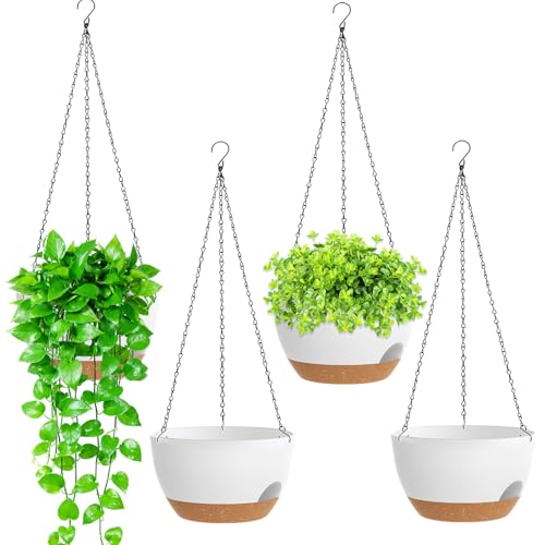 8 Inch Hanging Planters for Indoor Outdoor Plants, 4 Pack White Brown Plastic Self Watering Hanging Baskets with Drainage Holes and Chain for Garden Porch - color: White Brown