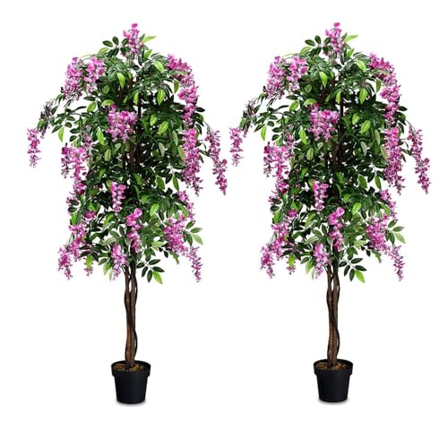 Goplus 6FT Ficus Artificial Tree, 2 Pack Fake Wisteria Tree in Nursery Pot, Greenery Faux Floor Plant, Tall Artificial Plants for Indoor Outdoor Bedroom Living Room Decor - color: Rosy, size: 6ft×2