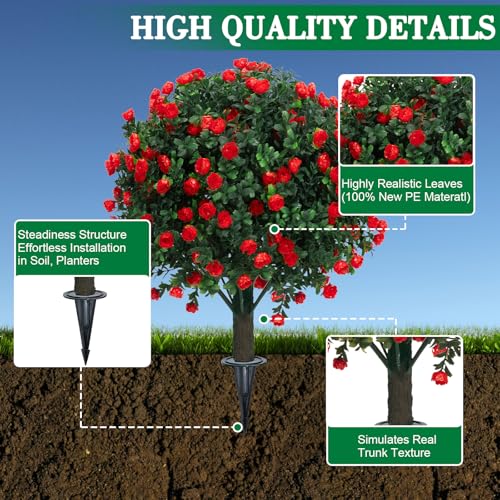 AOKIIE 24" Artificial Boxwood Topiary Bushes UV Resistant for Outdoor 2PCS | Artificial Shrubs with Ground Spike, Fake Outdoor Plants with Red Flowers for Indoor & Outdoor Garden, Yard, Porch, Patio - color: Redflower-boxwood