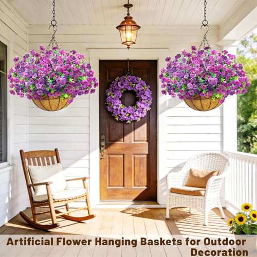 2 Pack Artificial Hanging Flower Baskets for Outdoors, UV Resistant Faux Hanging Plants, 24 Pcs Fake Silk Flowers for Patio Garden Front Porch Balcony Decor, Purple Lotus - color: Purple Lotus