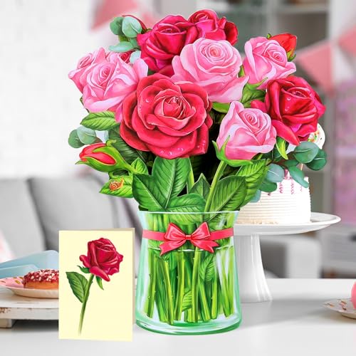 Airpark Pop Up Flower Bouquet Card for Women, 3D Floral Greeting Card with Envelope and Note, Birthday Thank You Thinking of You Get Well Gift for Mom Friend Wife Teacher, Rose - style: Red and Pink Roses