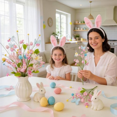 4 Pcs Artificial Easter Stems Decorations, Colorful Egg Branches with Glitter Butterflies Decor, Spring Flowers and Bunny for Vase Arrangement Centerpiece Decor