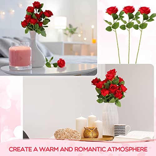 Jexine 50 Pcs Artificial Rose Flower Bulk Realistic Silk Fake Roses with Long Stem Plastic Artificial Flower Bouquet Real Looking for Home Wedding Centerpieces Party Decoration(Red) - color: Red