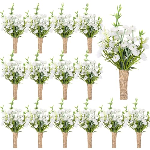 MTLEE 15 Pcs Burgundy Boutonniere for Men Rose Wedding Boutonniere with Pin Groom Groomsmen Buttonholes Man Suit Corsage for Vintage Wedding Ceremony Anniversary Dinner - color: White, style: Babysbreath