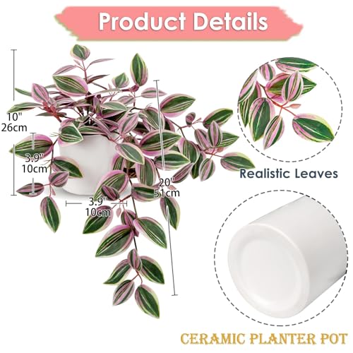 GnFlus Fake Hanging Plants in Ceramic Pot, 20 Inch Artificial Pink Ivy Leaves Plant Faux Greenery Vine Plants for Home Bedroom Office Table Shef Desk Indoor Outdoor Decor Pink - color: Pink-ceramic Pot