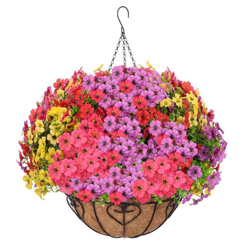 Artificial Hanging Flower for Outdoors, Fake Hanging Basket for Outside,1 Hanging Basket with 13 Pcs Faux Silk Flowers for Porch, Balcony and Patio Decor(Mixed) - color: Mixed, size: Hanging Artificial Flower(1 Pcs)
