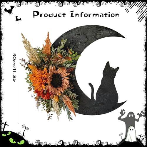 Halloween Wreaths for Front Door, Flower Moon Cat Halloween Home Decoration, Family Gathering Decoration Wreath，Outdoor, Wall, Closet, Fence, Wreath Christmas (Sunflower) - color: Sunflower