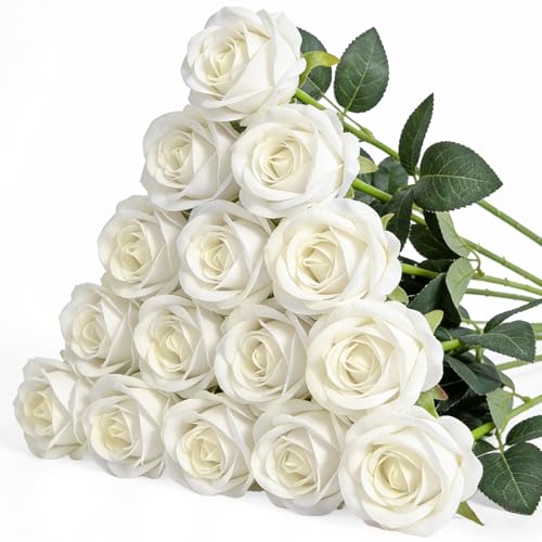 15PCS Artificial Flowers Fake Roses, Silk Artificial Ivory White Roses with Stems Realistic Bouquets for Wedding Centerpiece Valentines Day Decorations Home Decor Party Crafts DIY - color: White