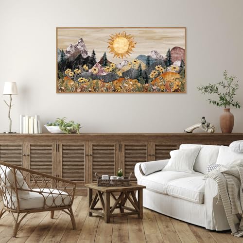 Rantodecor Boho Mountain Framed Canvas Wall Art, Western Daisy Floral Landscape Wall Decor, Rustic Fern Flowers Art Painting, Modern Fantasy Nature Sun Artwork for Bedroom Living Room Office 40"x20" - color: Boho Mountain, size: 40"L x 20"W