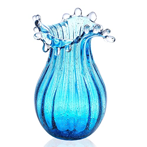 8inch Blown Glass Bubble Vase Collection Modern Art Flower Vase Decoration for Home Decor Living Room,Office,Centerpiece,Table and Wedding,Blue - color: Blue Bubble