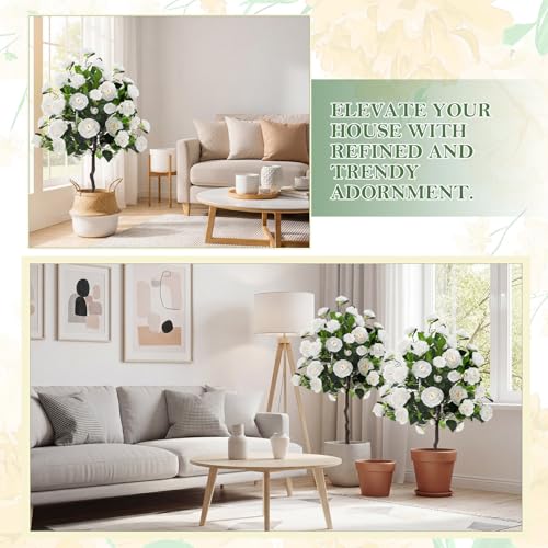 Lunmon 2 Pack 4ft Artificial Camellia Plants Tree Without Vase 48" Faux Camellia Flower with Spike UV Resistant Realistic Fake Floral Blooming Bush for Outdoor Front Door Porch Backyard Garden, White - color: White, size: 4 ft