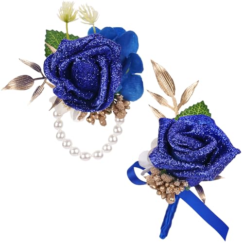 Blue Boutonniere and Cosrage Set - 2 Pcs Artificial Flowers Wrist Corsage and Boutonniere Kit for Wedding Prom Dinner Party, Boutonniere and Corsage Wristlet for Groom Bride Anniversary Ceremony - color: Blue