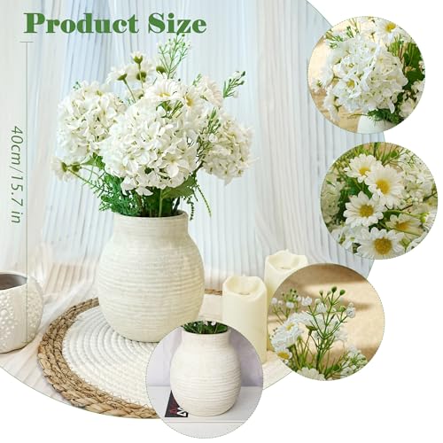 Fake Flowers with Vase for Home Decor, Faux Flowers with Paper Pulp Pot, Flower Arrangement with Silk Dahlias, Office Dining Living Room Decor, Centerpiece Table Decorations, White - color: White