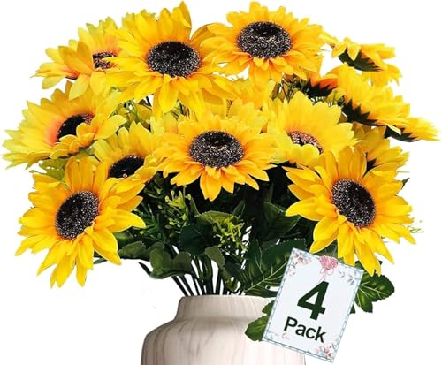 TURNMEON 28Pcs Sunflowers Artificial Flowers for Outdoors Summer Decor, 4 Pack Fake Flowers Silk Faux Sunflower Bouquet Mum Flowers Arrangement for Vase Wedding Table Indoor Home Fall Cemetery Decor
