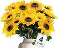 TURNMEON 28Pcs Sunflowers Artificial Flowers for Outdoors Summer Decor, 4 Pack Fake Flowers Silk Faux Sunflower Bouquet Mum Flowers Arrangement for Vase Wedding Table Indoor Home Fall Cemetery Decor