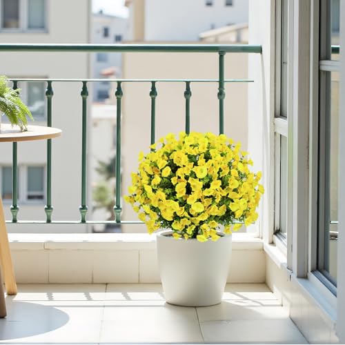 24" Artificial Potted Plants Outdoor Set of 2, UV Resistant Faux Yellow Flowers with Eucalyptus, Decorative Plants in Pots for Front Porch, Patio & Entryway - color: Yellow, size: 24in Morning Glory Eucalyptus