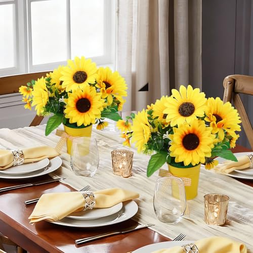 Suncalla 2 Pack Small Artificial Sunflower Plant in Pots Faux Flower Potted Plants Yellow Arrangement Rustic Home Decor 7.9" Tall for Farmhouse Table Centerpiece Windowsill Country Indoor Decor - color: Yellow, style: Sunflower