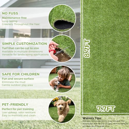 Artificial Grass Rug Indoor Outdoor, 7.7 x 8.7FT Faux Grass Turf with Drainage Holes, Realistic Artificial Lawn Rug Dog Pets Mat, Turf Carpet for Garden Lawn Landscape Balcony Patio Backyard Decor - size: 7.7 ft x 8.7 ft = 67 Square ft