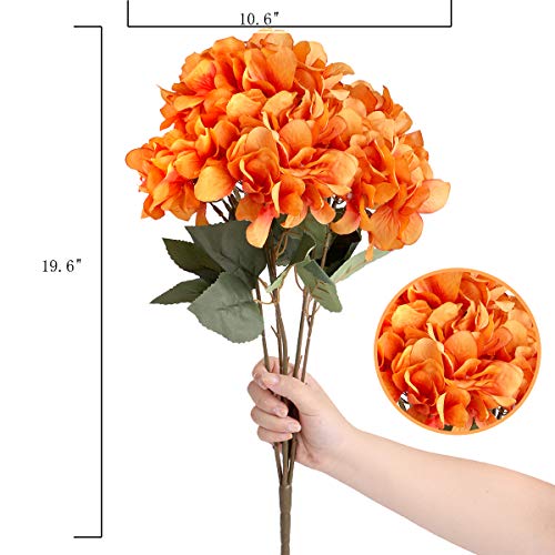Jim's Cabin Artificial Flowers Silk Hydrangea Arrangements 2 Bouquet with 5 Big Heads Fake Flower Bunch for Women Bedroom Wedding Cabin Decor DIY（Orange） - color: Orange Red