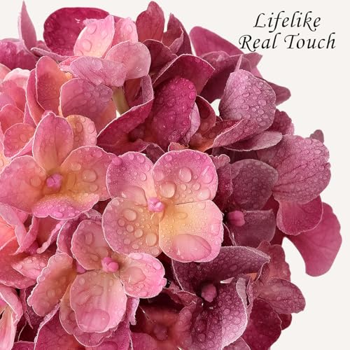 JINWOE Magenta Pink Hydrangea Artificial Flowers, 4Pcs 21” Latex Real Touch Flowers, Full Faux Silk Flowers Fake Artificial Hydrangeas with Stems for Bouquet Table Centerpieces Wedding Baby Showers - color: Magenta