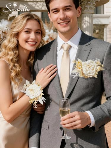 Serwalin 2Pcs Corsage and Boutonniere Set,Champagne Rose Corsage Wristlet and Pocket Boutonniere for Prom Wedding Homecoming Anniversary Graduation - color: Athens Champagne
