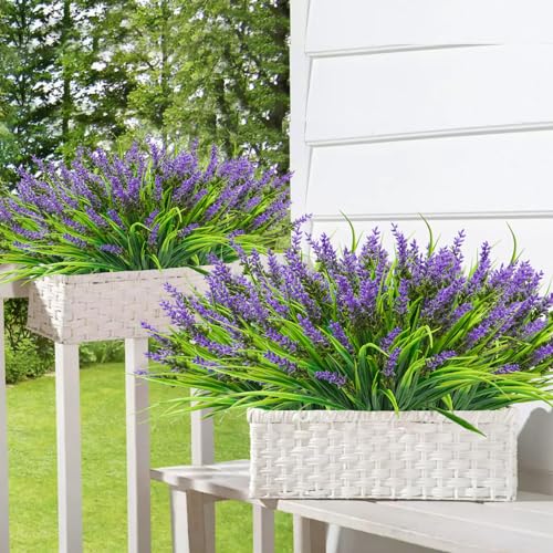 40 Bundles Artificial Plants Outdoor Fake Monkey Grass with Lavender Flowers Plastic UV Resistant Greenery Shrubs for Window Box Porch Garden Patio Outdoor Decor(Purple) - color: Purple