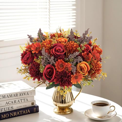 Dremisland Artificial Flowers Like Real Artificial Bouquet 2 Packs Silk Artificial Roses Bouquet with Daisy Chrysanthemum Orange Red Flowers for Centerpiece Table Wedding Party Home Decor - color: Orange&red, size: 2PCS