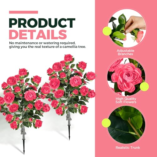 Lunmon 2 Pack 3ft Artificial Camellia Plants Tree 36" Faux Camellia Flower with Spike UV Resistant Realistic Fake Floral Blooming Bush for Indoor Outdoor Front Door Porch Backyard Garden, Rose Pink - color: Rose Pink, size: 3 ft