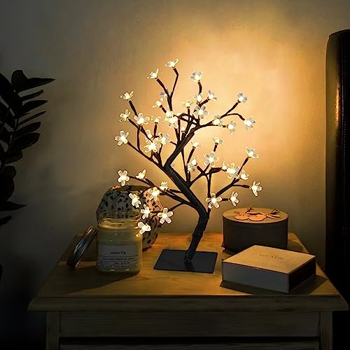 PEIDUO 17.5 Inch Lighted Cherry Blossom Tree, 48 Warm White Lights Plug in Adapter, Light up Bonsai Tree for Christmas Indoor Home Bedroom Living Room, Tabletop Decor Night Light Artificial Tree - style: Cherry Blossom Tree
