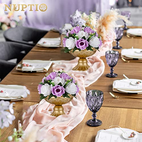 NUPTIO Lilac White Flower Balls: Artificial Rose Centerpieces for Tables | 2 Pcs 9.5 inch Fake Floral Arrangement for Wedding Birthday Party Bridal Shower Decor - color: Lilac & White, size: 2 Pcs