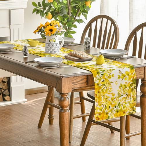 Artoid Mode Yellow Flowers Floral Eucalyptus Summer Table Runner, Seasonal Spring Kitchen Dining Table Decoration for Home Party Decor 13x72 Inch - color: Yellow, size: 13" x 72", Table Runner