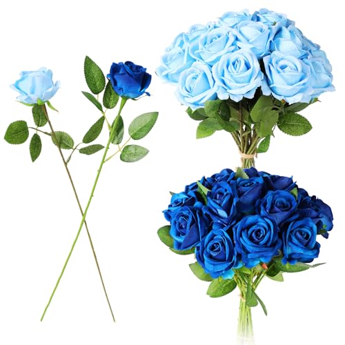 40 PCS Artificial Flowers Fake Roses with Long Stem Realistic Artificial Flowers Bulk for Wedding Party Home Bathroom Kitchen Decor (Sky Blue+Blue) - color: Sky Blue+blue