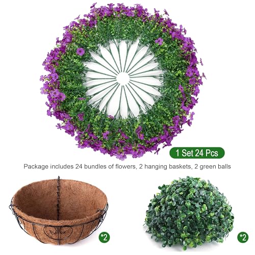 HyeFlora 2 Set Artificial Outdoor Flowers Hanging Basket, Faux Hanging Plants for Outside Spring Decoration, Fake Silk UV Resistant Look Real Daisy for Porch Patio Home Decor - color: Purple