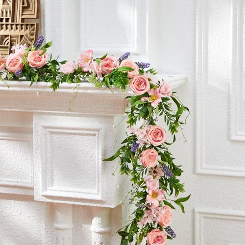 Giegxin 1 Pack 6 ft Artificial Flower Garland with Rose and Daisy Flower Pink Fake Wisteria Vines Summer Greenery Eucalyptus Garland for Wedding Mantle Porch Stair Table Indoor Decor - style: Rose