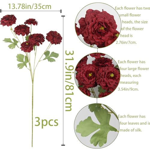 3 Pcs Artificial Flowers Spring Summer Red Zinnia Silk Flowers with Long Stems Zinnia Elegans Artificial Flowers for Outdoors Floral Arrangements Table Centerpieces Wedding Party Home Decor - color: Red
