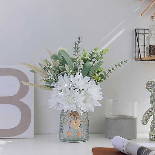 Faux Flowers with Vase,Artificial Silk Flowers in Vase, Fake Plant Eucalyptus and Willow,Flower Arrangement for Home Farmhouse kitchen Dining Table Centerpiece Decorations Coffee Table Decor (White) - color: White